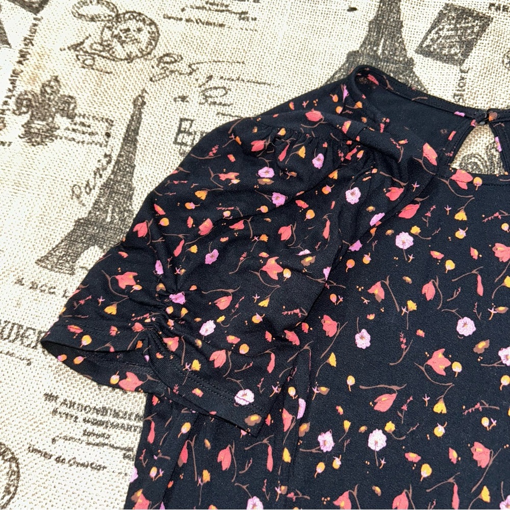 Free People NWOT! Black Pink Floral Puff Sleeve Crew Neck  Midi Stretch Dress - Picture 6 of 16